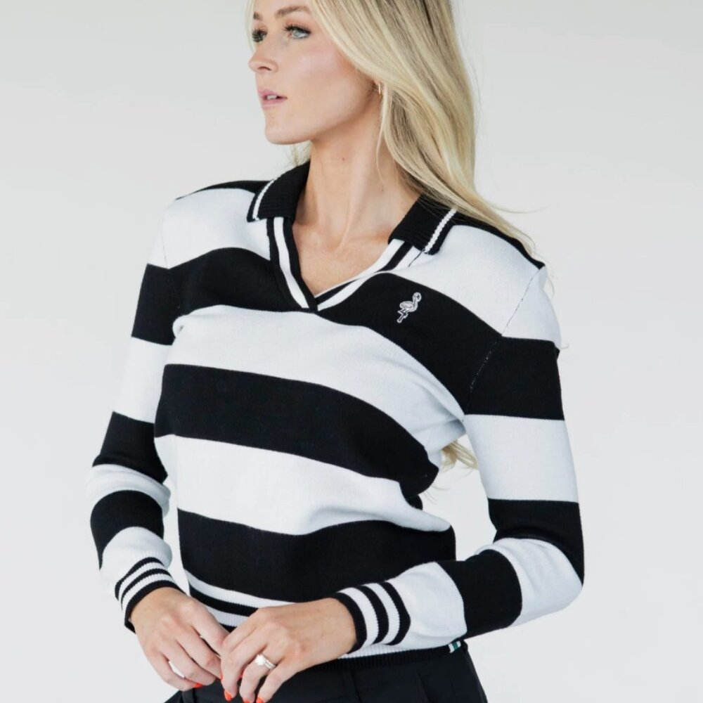 Black and White Striped V-Neck Sweater